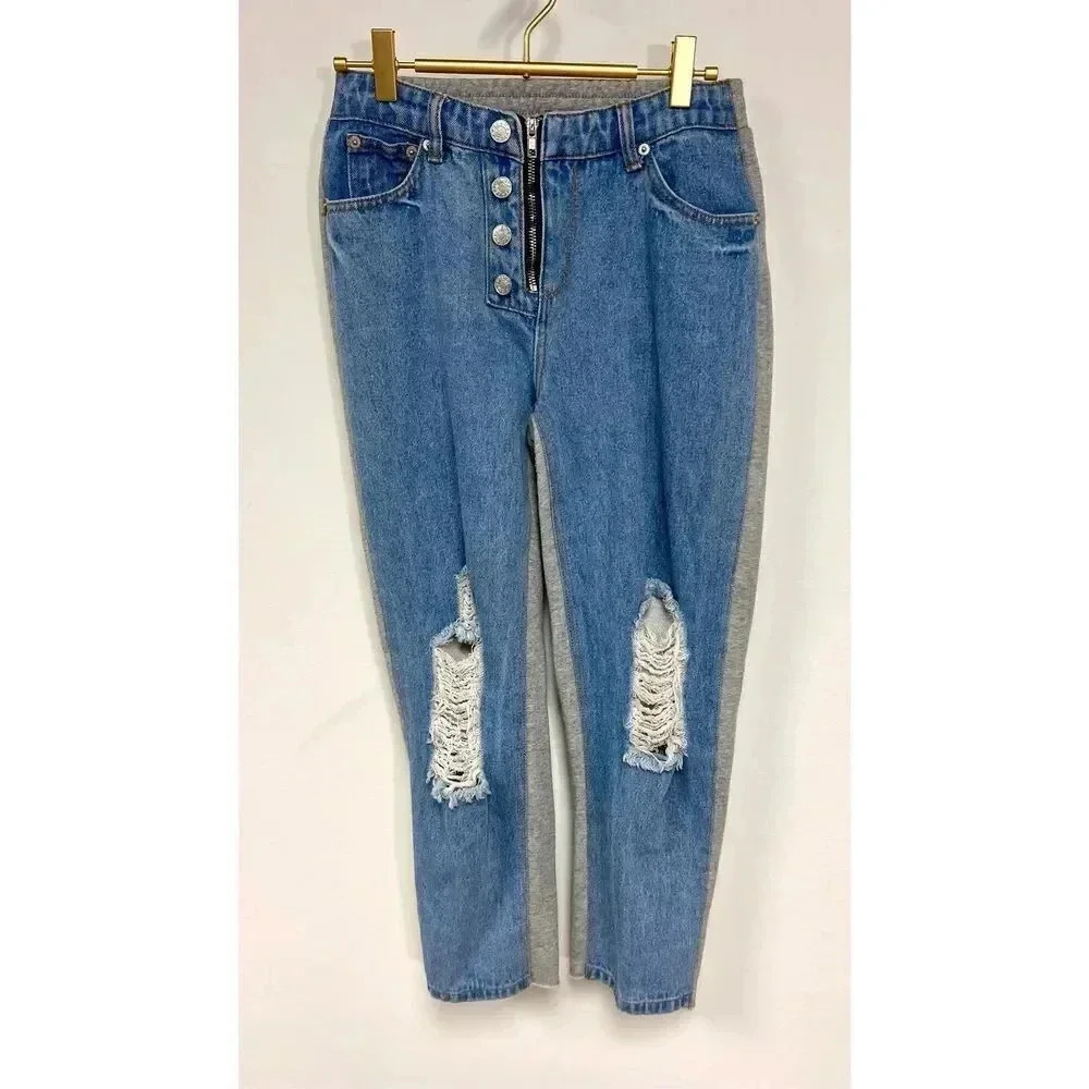 Signature 8  Womens Blue‎ Gray Denim Front Distressed Jogger Pants Size Medium